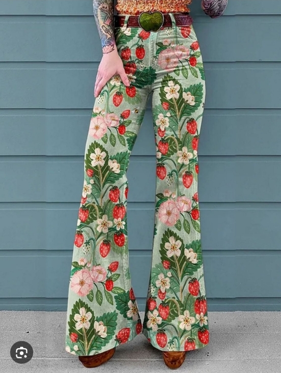 hmrby Pants - Floral Strawberry Print Flared Pants - Mint Green